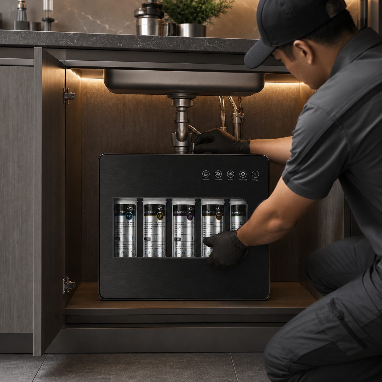 Technician installing or maintaining the H2O Origin filter