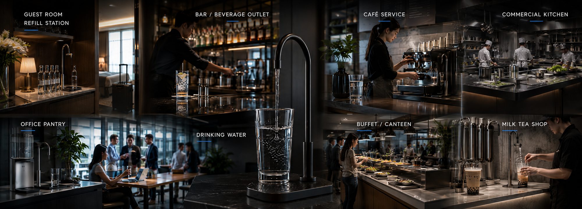 Grid showing hotels, cafés, restaurants, office pantries and commercial kitchens using filtered water
