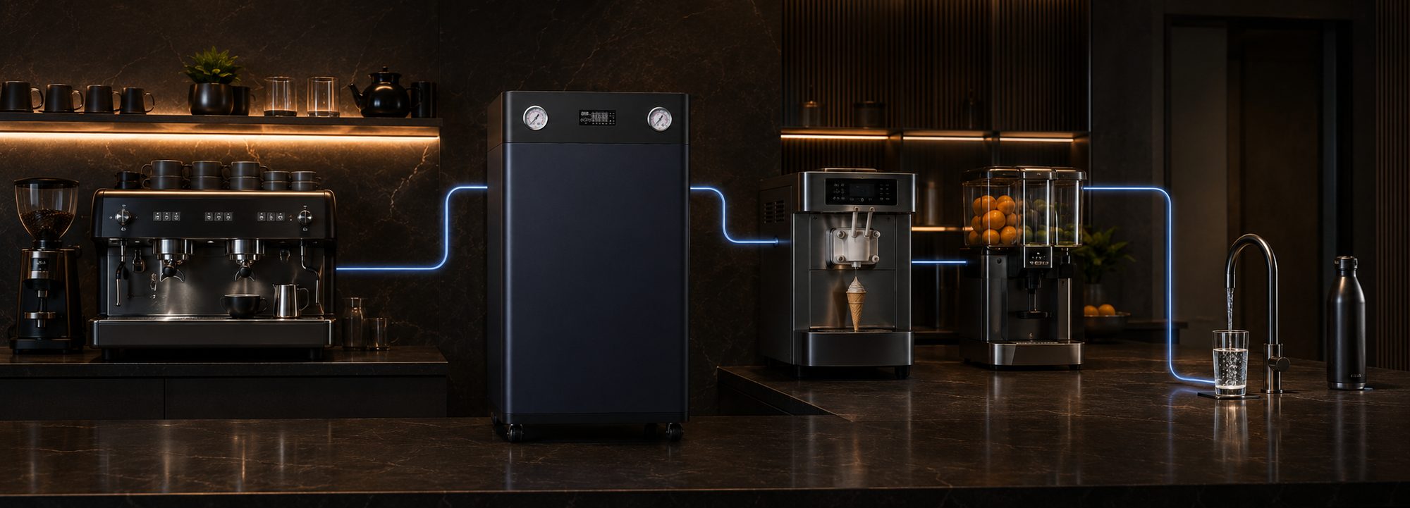 RO unit connected to coffee machine, ice cream machine, juice machine and drinking tap