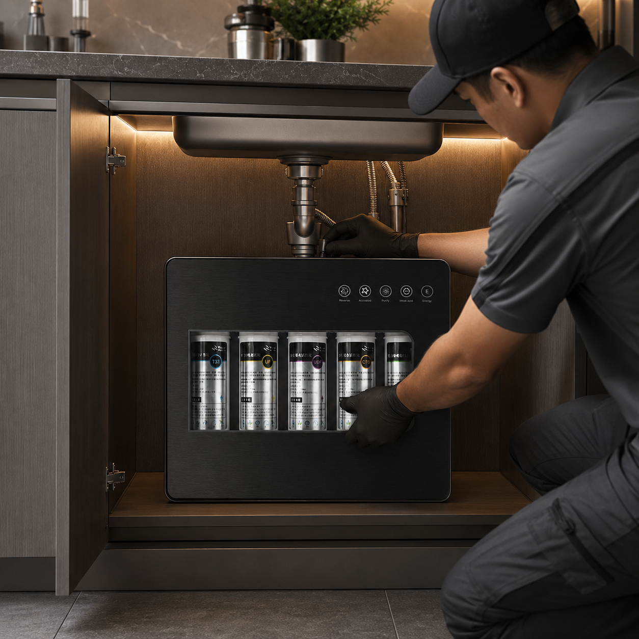 Technician installing or maintaining the H2O Origin filter