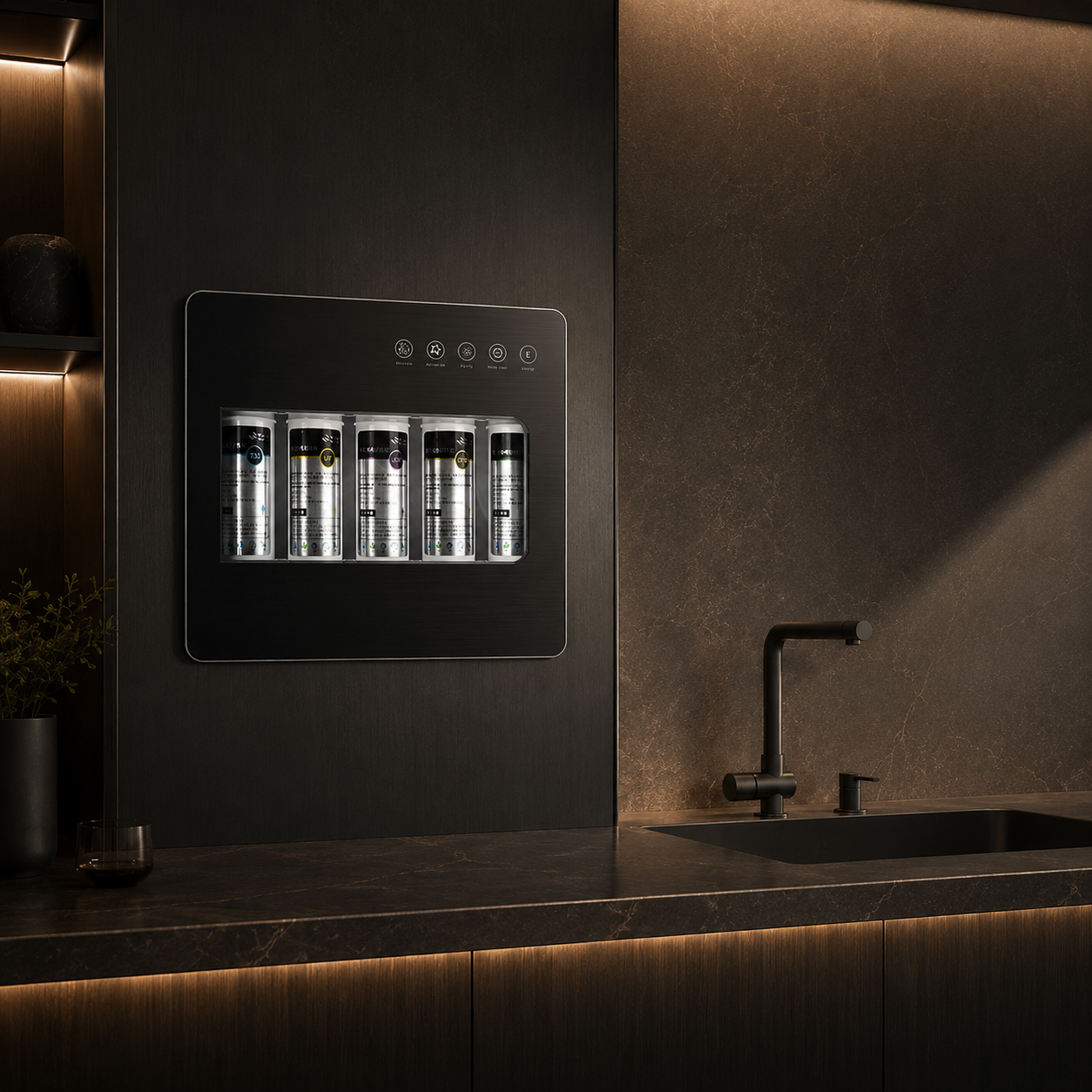 Wall-mounted H2O Origin filter in a modern pantry