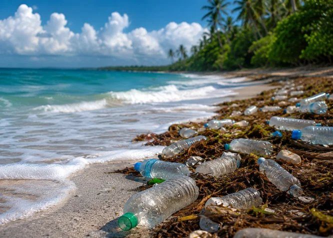 Tropical beach covered in washed-up plastic bottles
