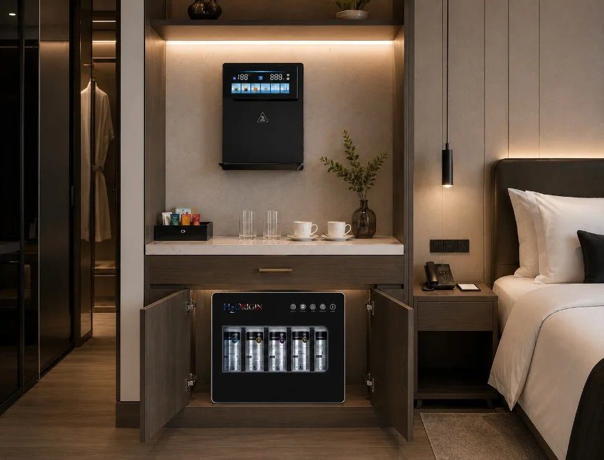 Modern water dispenser installed in a hotel room