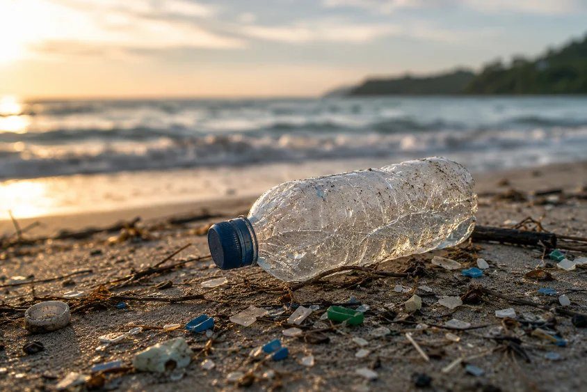 Discarded plastic bottle washed up on a beach at sunset
