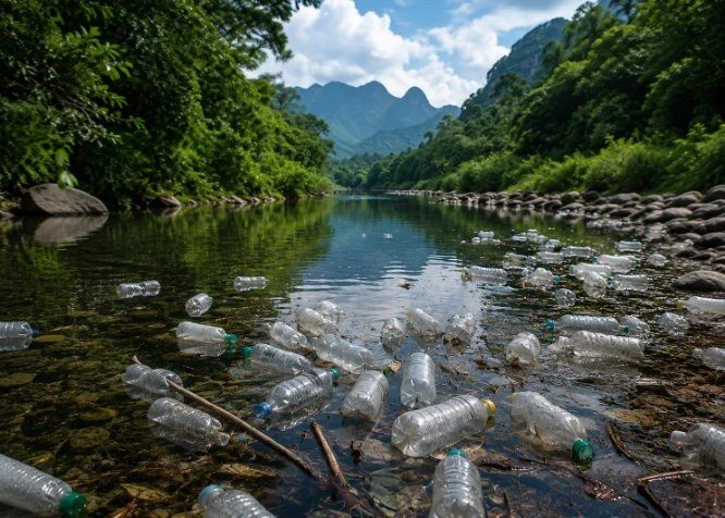 Plastic bottles polluting a freshwater river