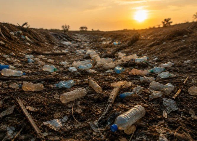 Plastic bottles littering the ground at a landfill