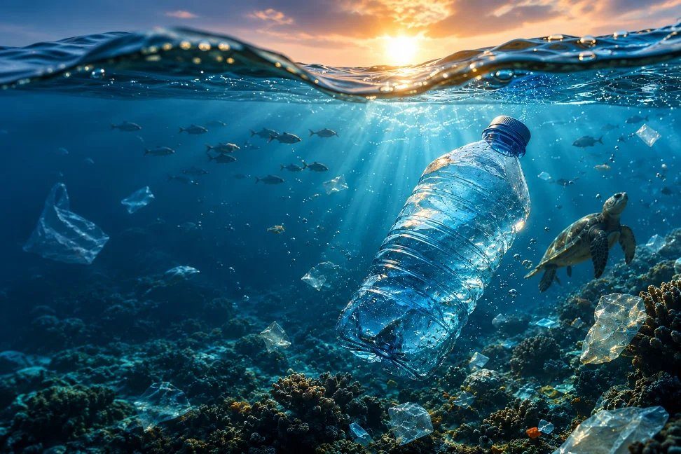 Plastic bottle drifting underwater in the ocean