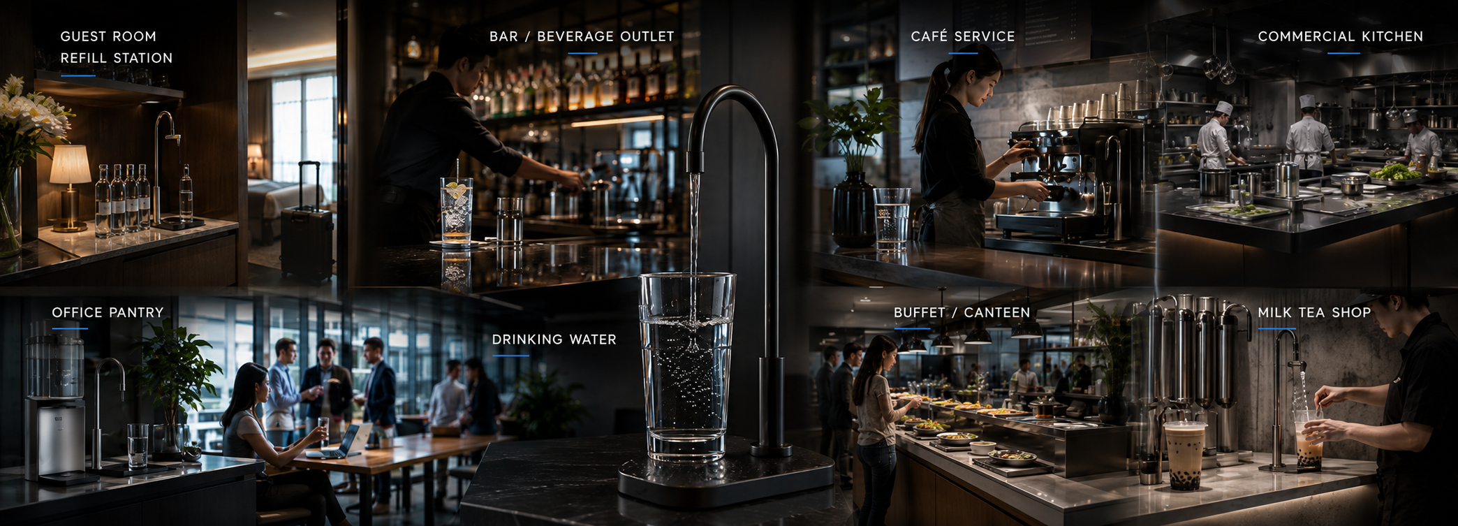 Grid showing hotels, cafés, restaurants, office pantries and commercial kitchens using filtered water