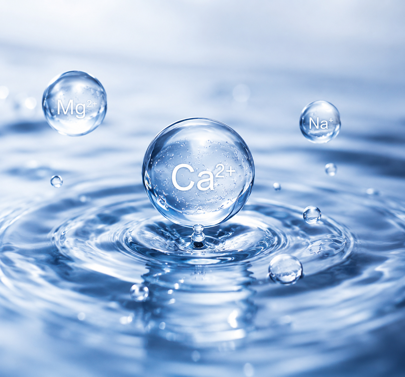 Clean water macro visual with mineral-inspired bubbles and clean blue water