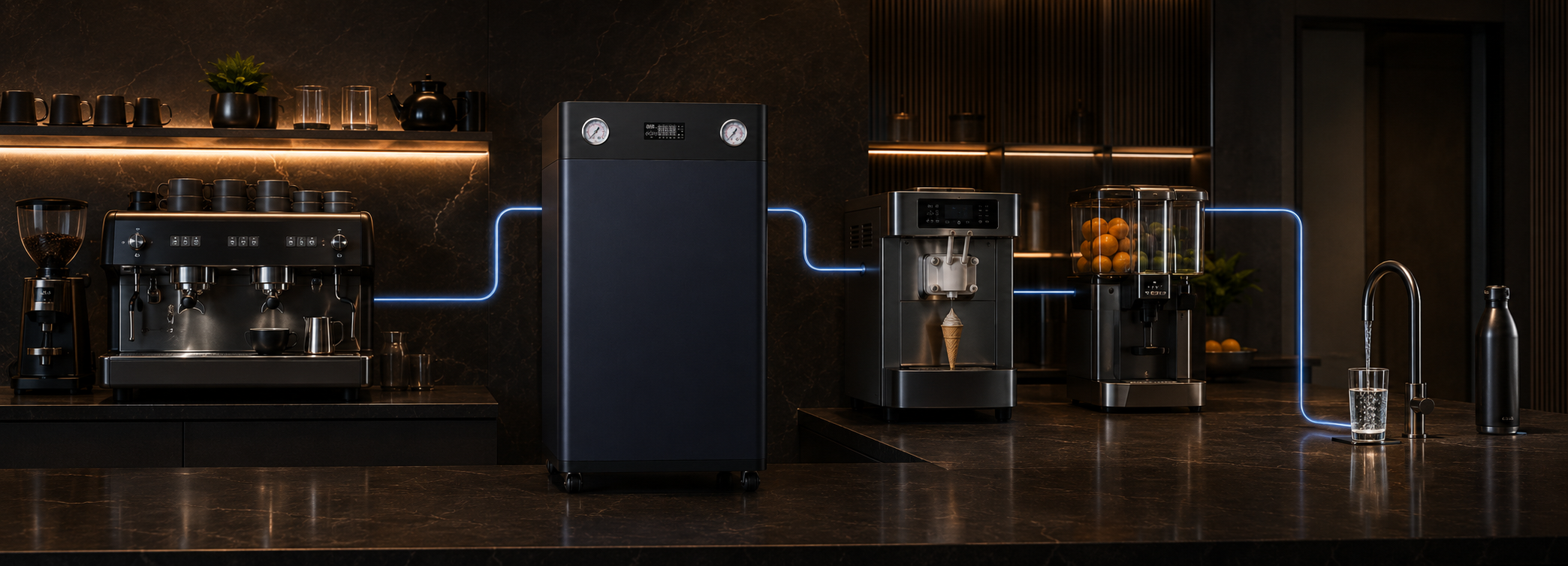 RO unit connected to coffee machine, ice cream machine, juice machine and drinking tap