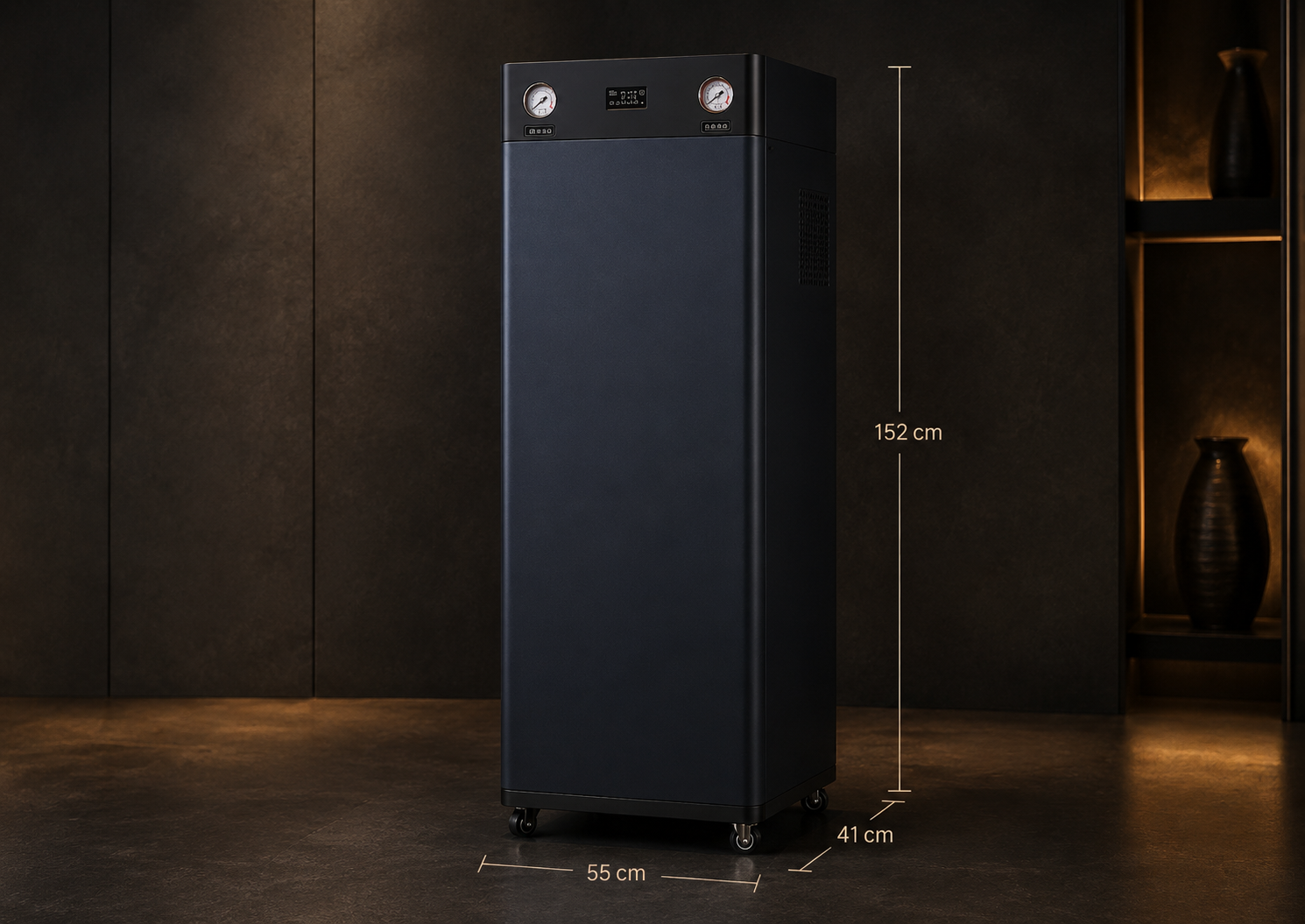 Product parameters visual showing commercial RO unit dimensions 152cm x 55cm x 41cm